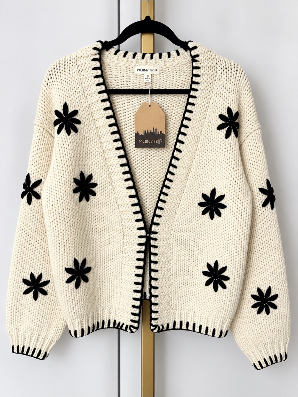 Main Strip Cream Cardigan with Black Floral Appliqués